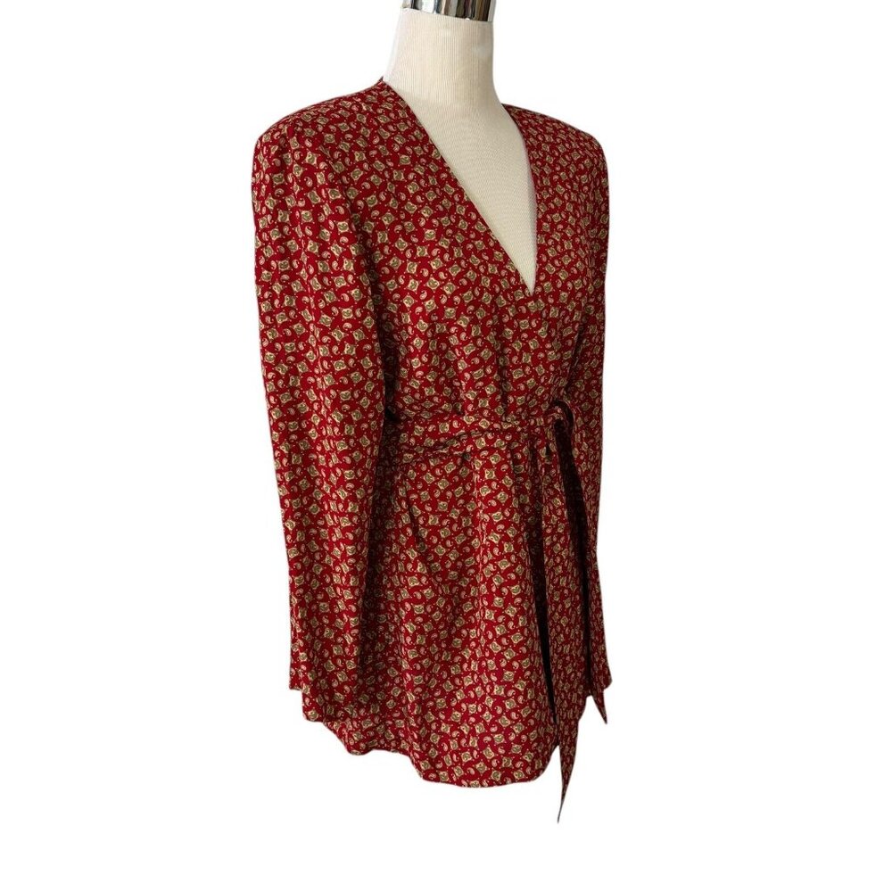 Maren Red Paisley Wrap Tunic Top Blouse Size PS Long Sleeves USA Vintage 1990s